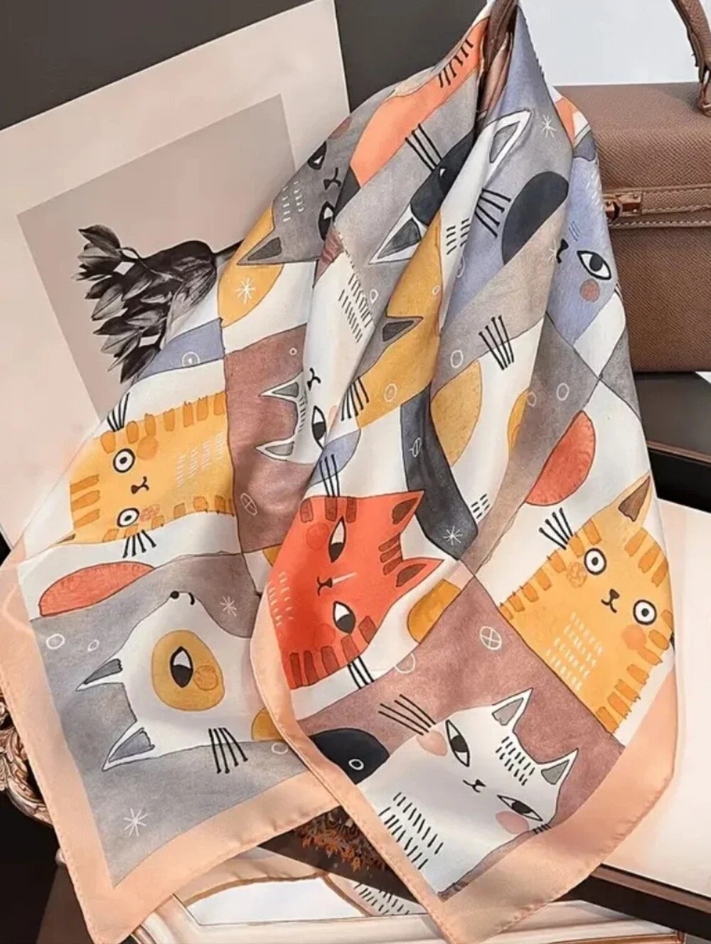Silk-feel Playful Multicolor Cat Print Peach Square Scarf Head Scarf ,Neck Scarf
